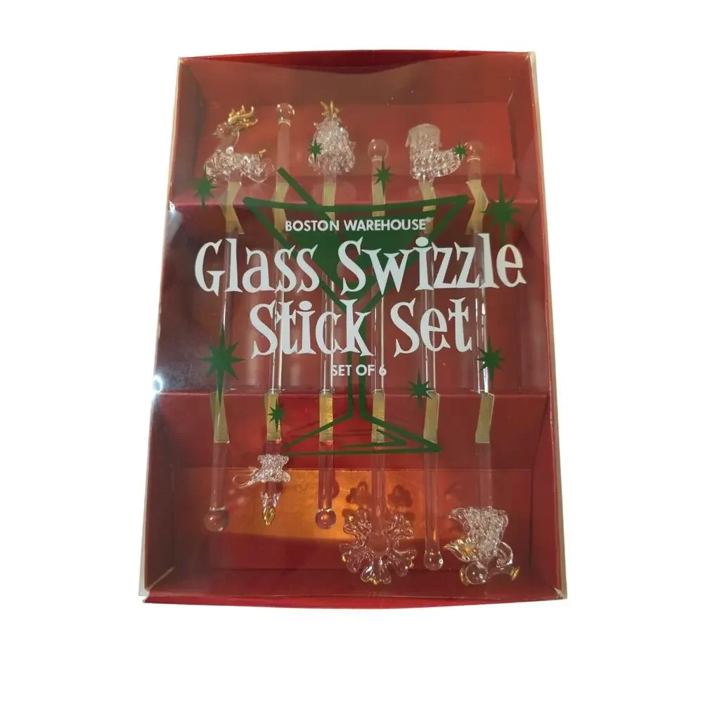 Boston Warehouse Glass Swizzle Stick Set Set Of 6 Christmas Tree Stocking...